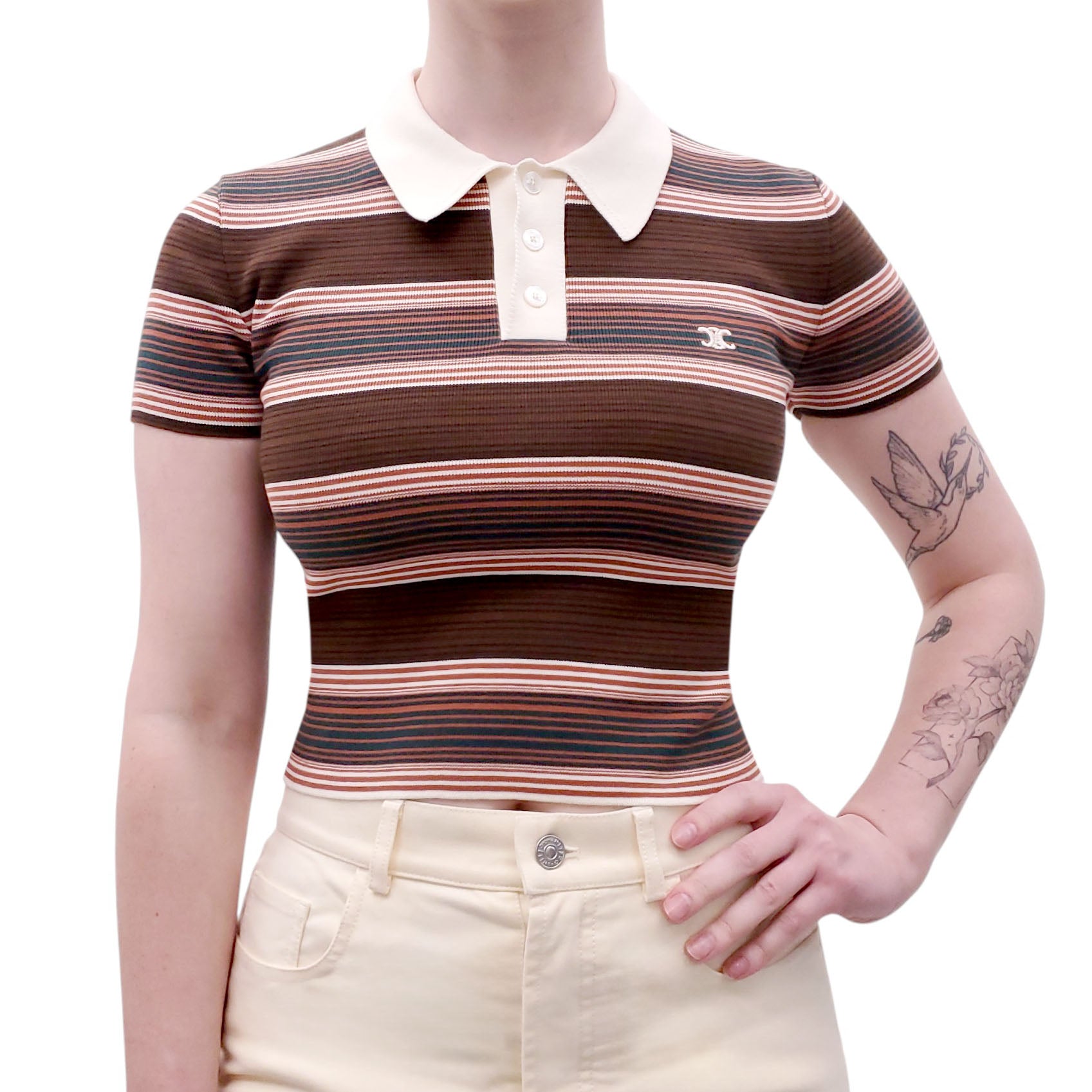 CELINE STRIPED LOGO POLO T-SHIRT WITH TRIOMPHE LOGO - SIZE XS