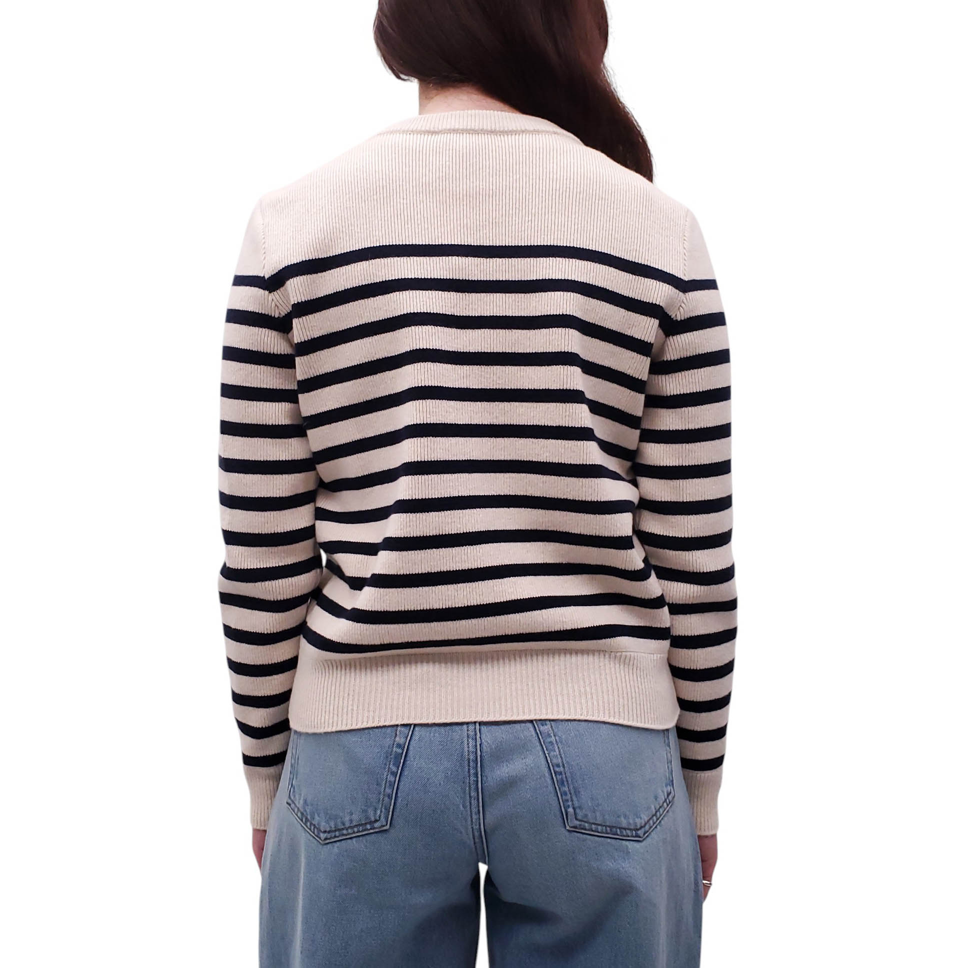 CELINE STRIPED WOOL AND CASHMERE CREWNECK SWEATER WITH GOLD BUTTONS - SIZE XS