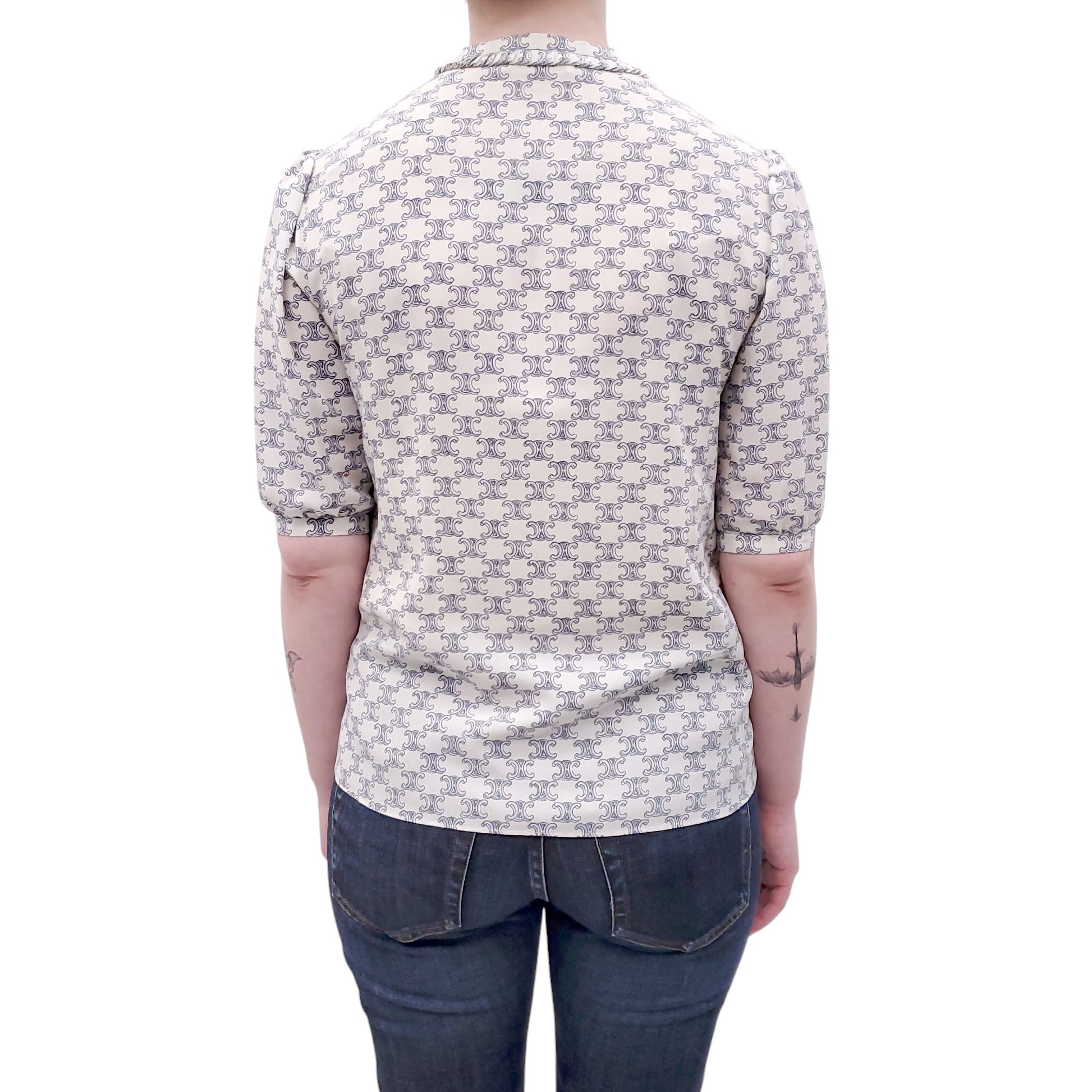 CELINE TRIOMPHE SILK SHORT-SLEEVE BLOUSE - SIZE 34
