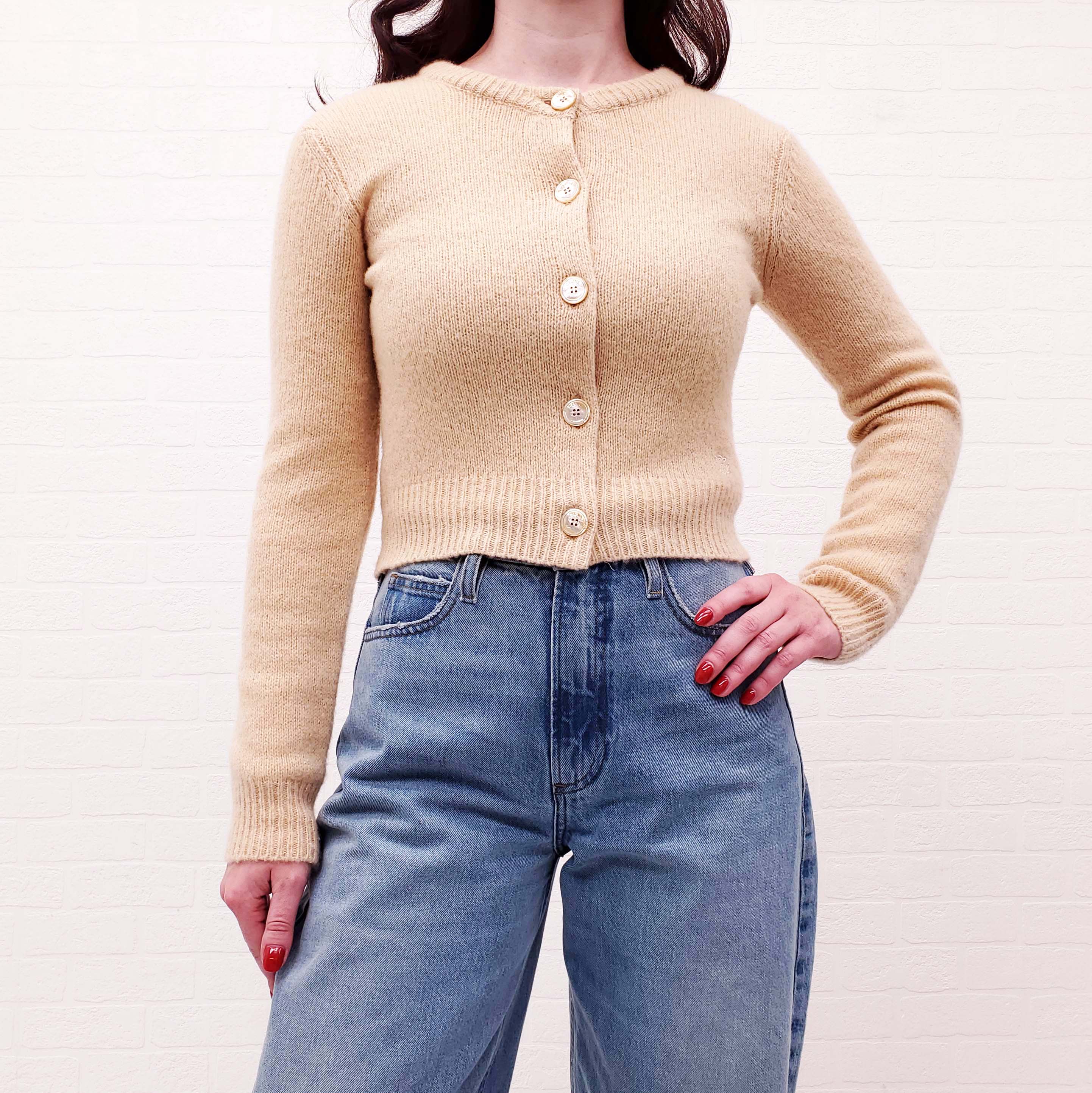 CELINE YELLOW CASHMERE CARDIGAN WITH TRIOMPHE LOGO - SIZE XS