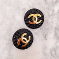 CHANEL 1986 BLACK QUILTED EARRINGS WITH GOLD CC LOGO