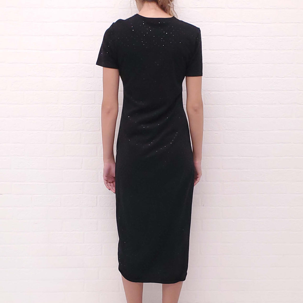 CHANEL 2021 BLACK SHORT SLEEVE MAXI DRESS WITH FLORAL LOGO AND SEQUINS - SIZE 34