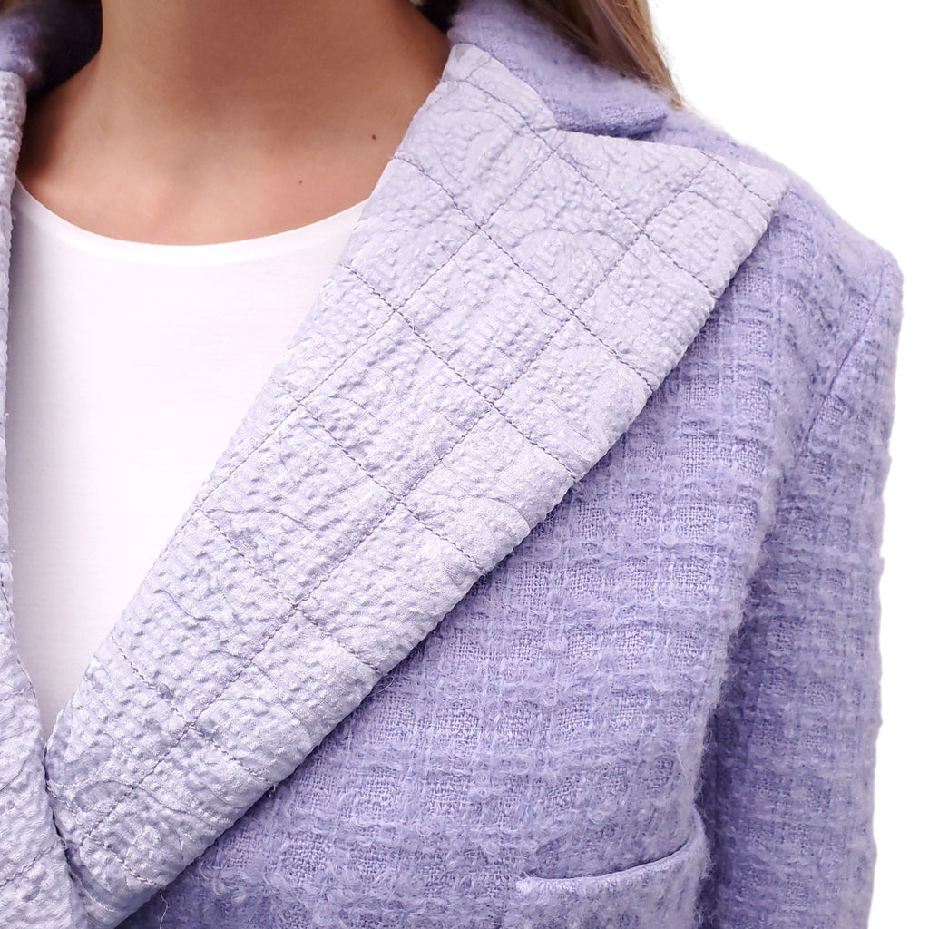 CHANEL 2021 LILAC TWEED BLAZER WITH CRYSTAL BUTTONS AND LOGO LAPEL - SIZE 36