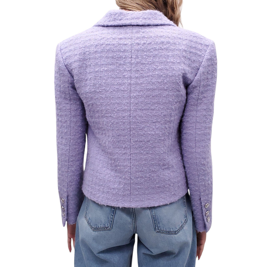 CHANEL 2021 LILAC TWEED BLAZER WITH CRYSTAL BUTTONS AND LOGO LAPEL - SIZE 36