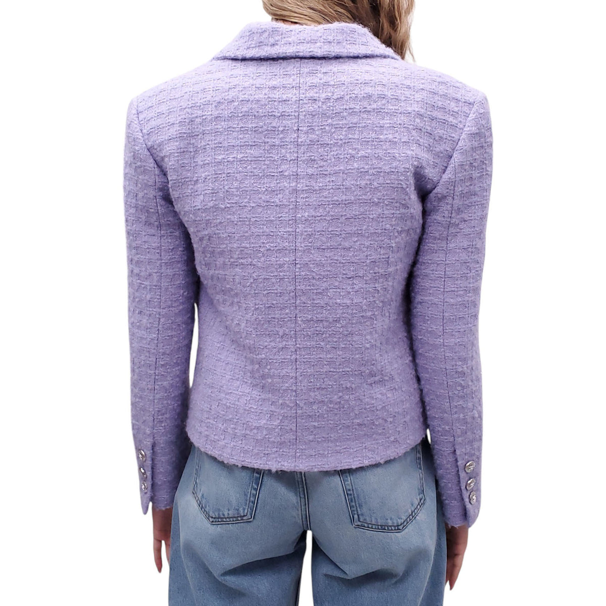 CHANEL 2021 LILAC TWEED BLAZER WITH CRYSTAL BUTTONS AND LOGO LAPEL - SIZE 36
