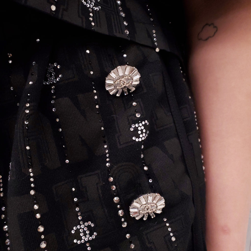 CHANEL 2023 CRUISE COLLECTION BLACK LOGO SHORTS WITH CRYSTAL DETAIL - SIZE 38