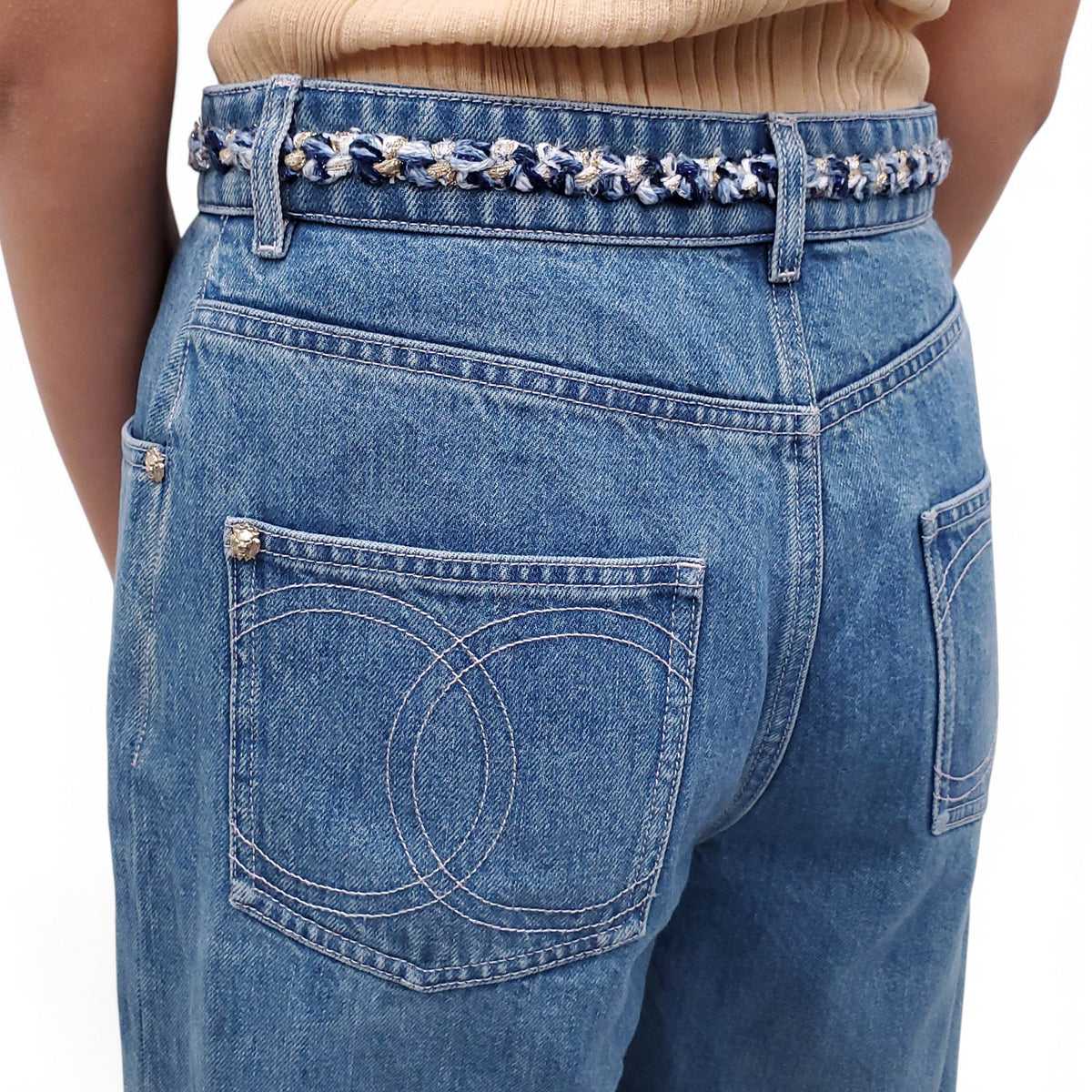 CHANEL 2025 WIDE LEG JEANS WITH TWEED RIBBON AND CC LOGO - SIZE 38