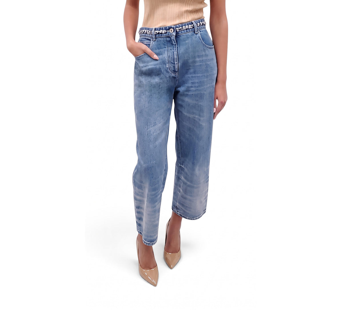 CHANEL 2025 WIDE LEG JEANS WITH TWEED RIBBON AND CC LOGO - SIZE 38
