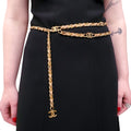 CHANEL 90'S GOLD PLATED CAMEL LEATHER CHAIN BELT WITH LOGO PENDANT