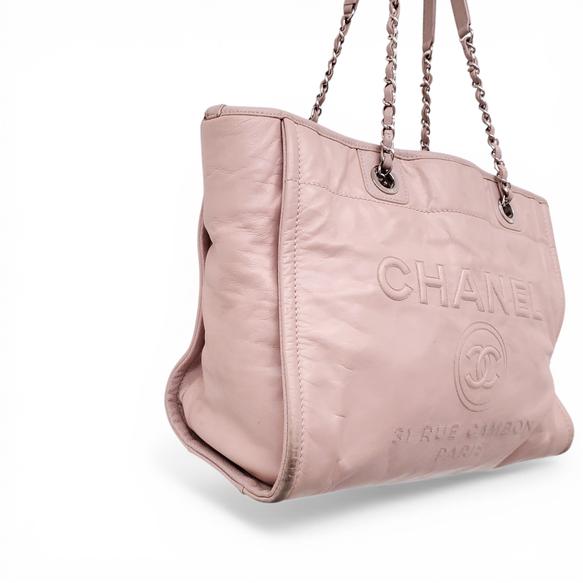 CHANEL BEIGE PINK LEATHER DEAUVILLE BAG