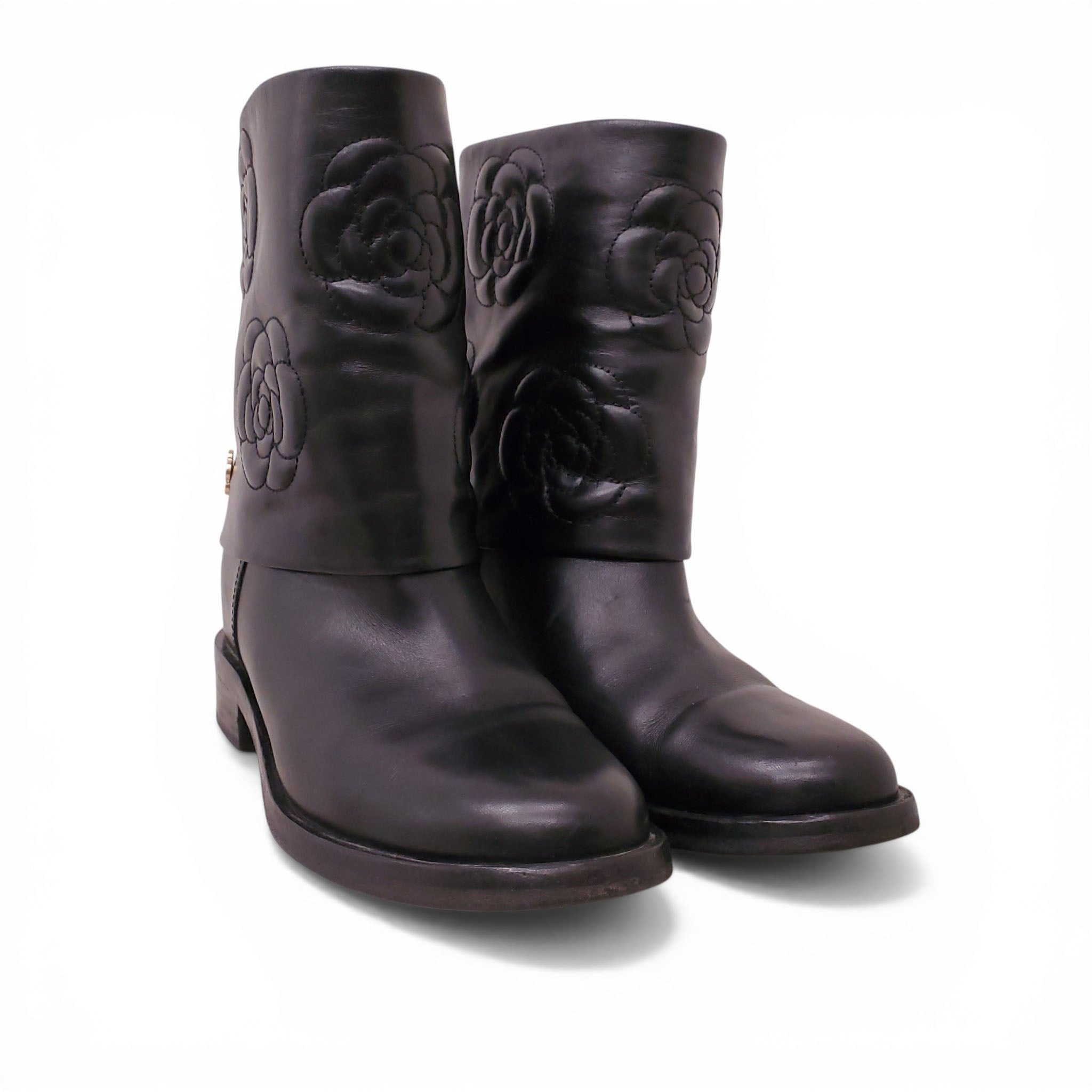 CHANEL BLACK CAMELLIA BOOTS - SIZE 40