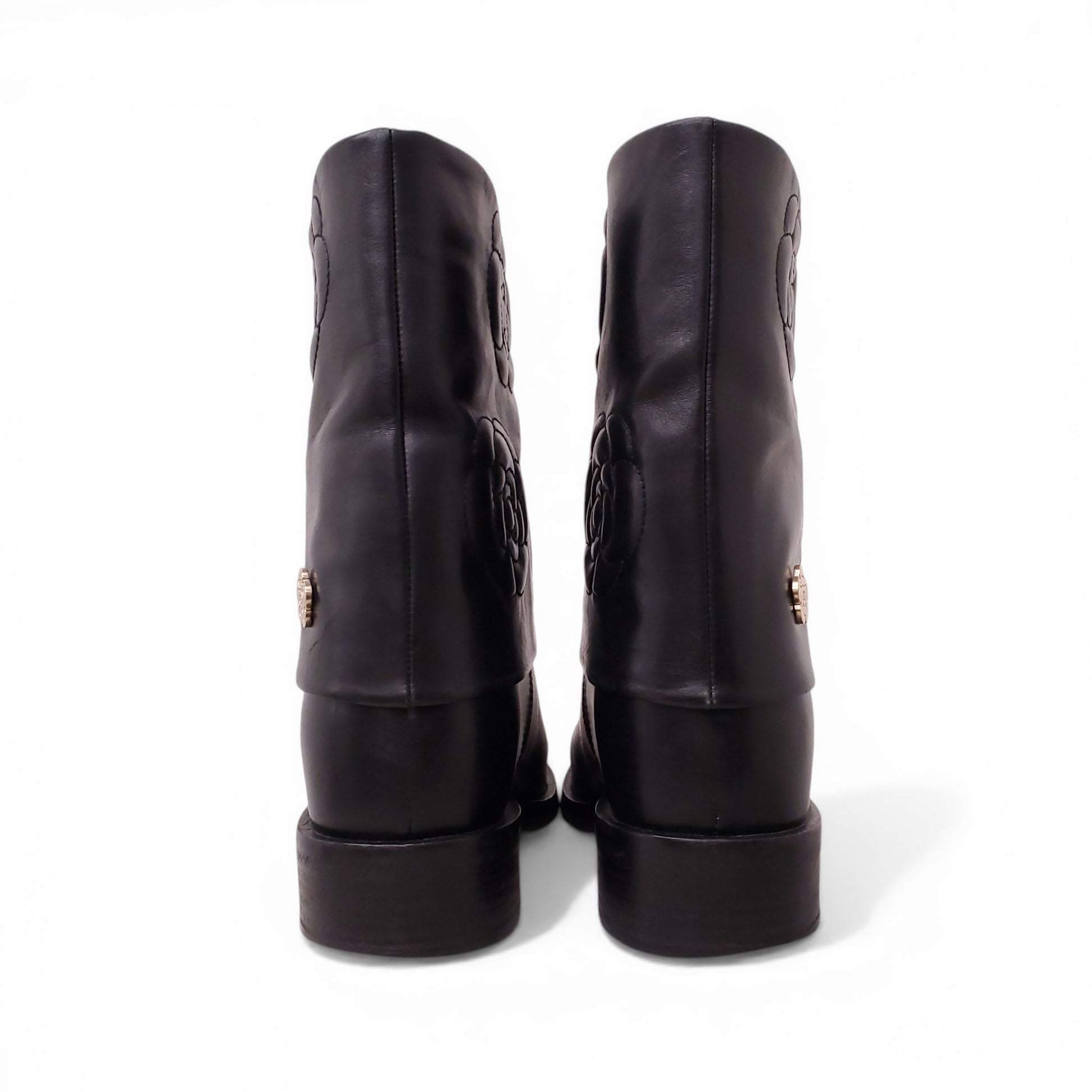 CHANEL BLACK CAMELLIA BOOTS - SIZE 40