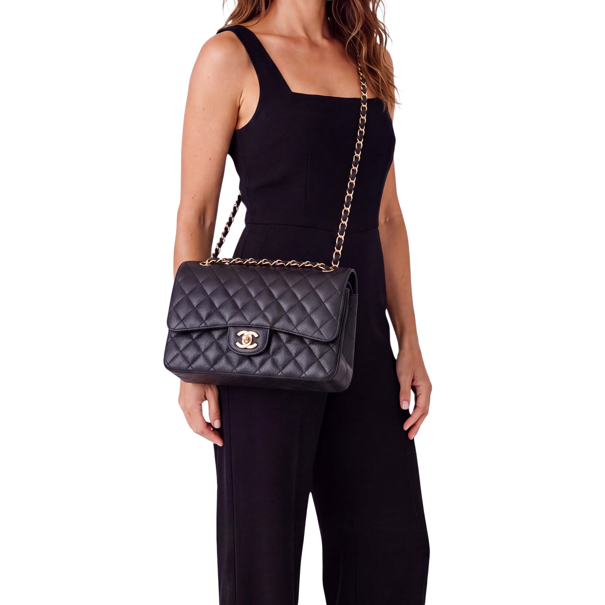 CHANEL BLACK CAVIAR JUMBO DOUBLE FLAP BAG