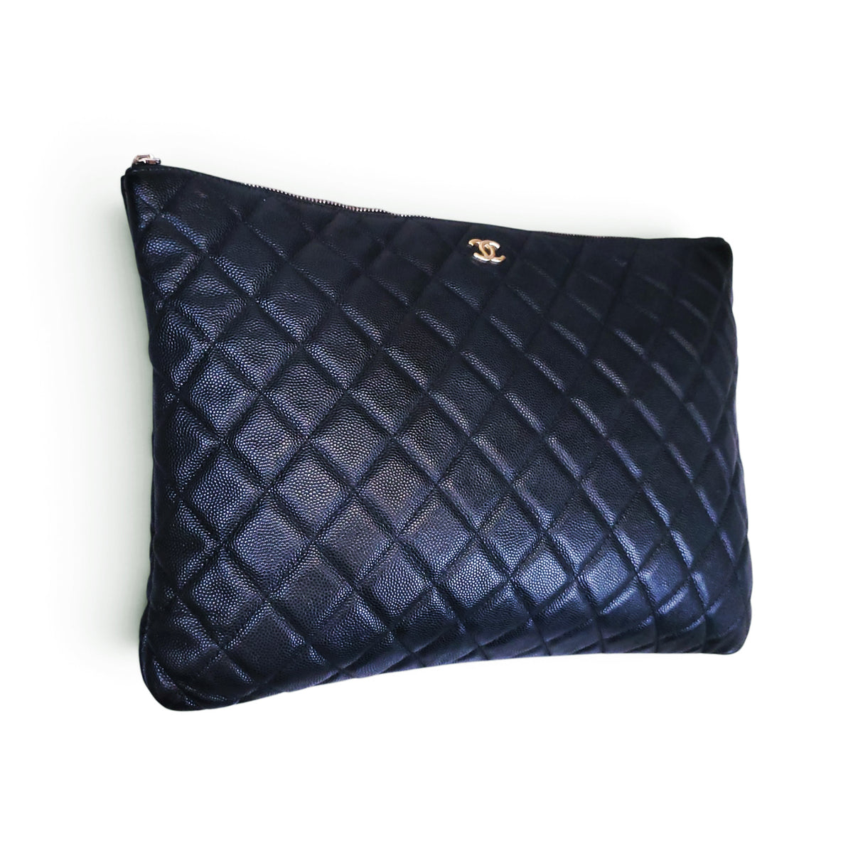 CHANEL BLACK CAVIAR QUILTED LARGE O-CASE CLUTCH