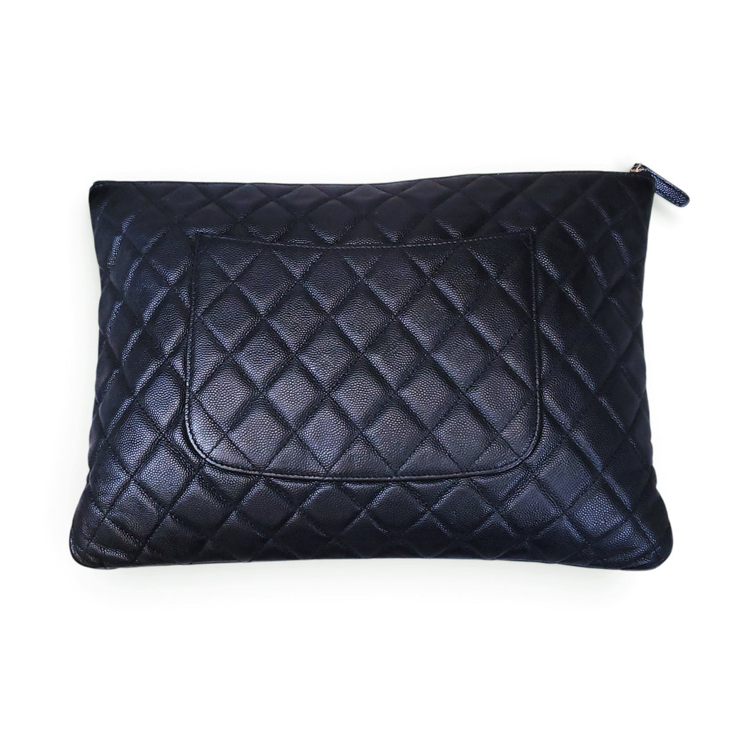 CHANEL BLACK CAVIAR QUILTED LARGE O-CASE CLUTCH