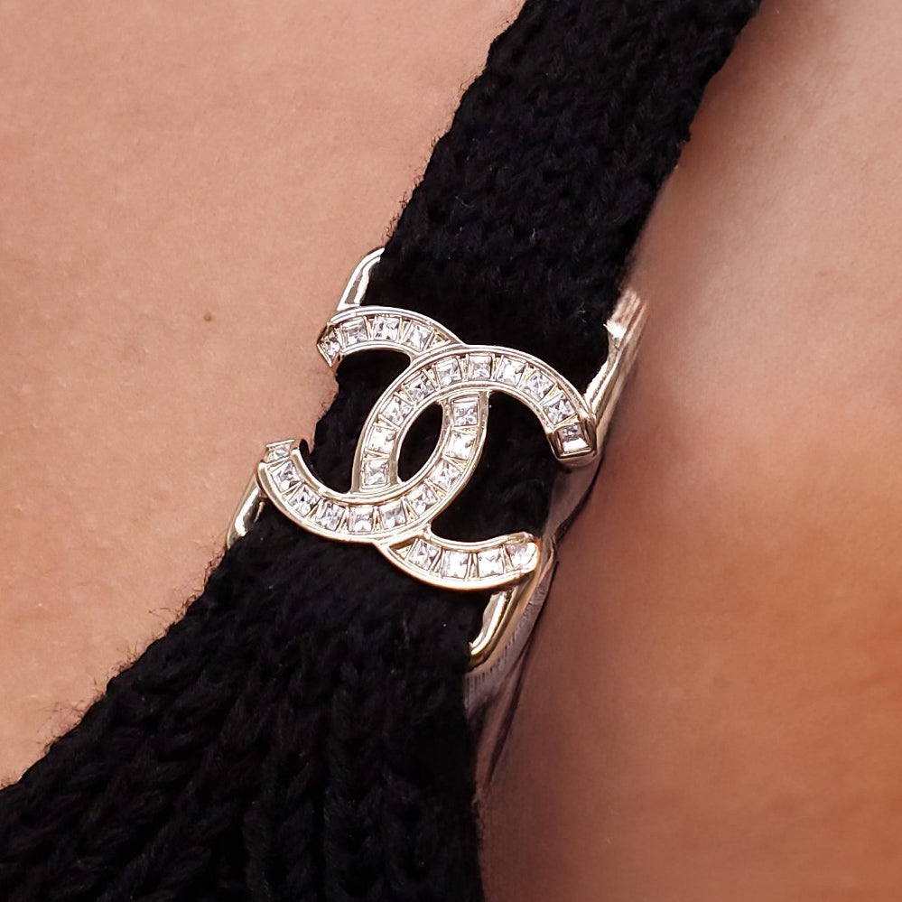 CHANEL BLACK CROCHET DRESS WITH CRYSTAL LOGO - SIZE 34