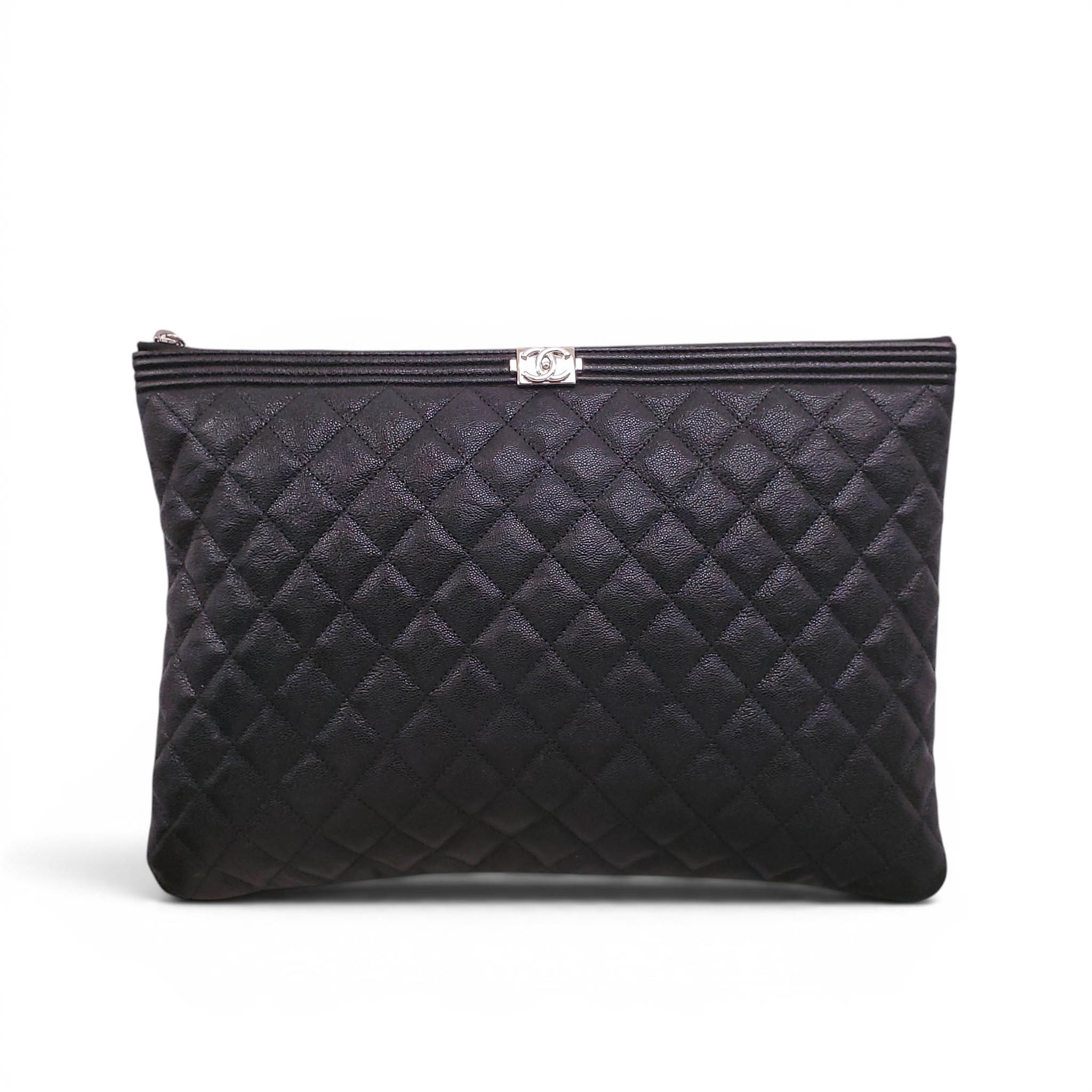 CHANEL BLACK LARGE QUILTED CAVIAR BOY CASE CLUTCH