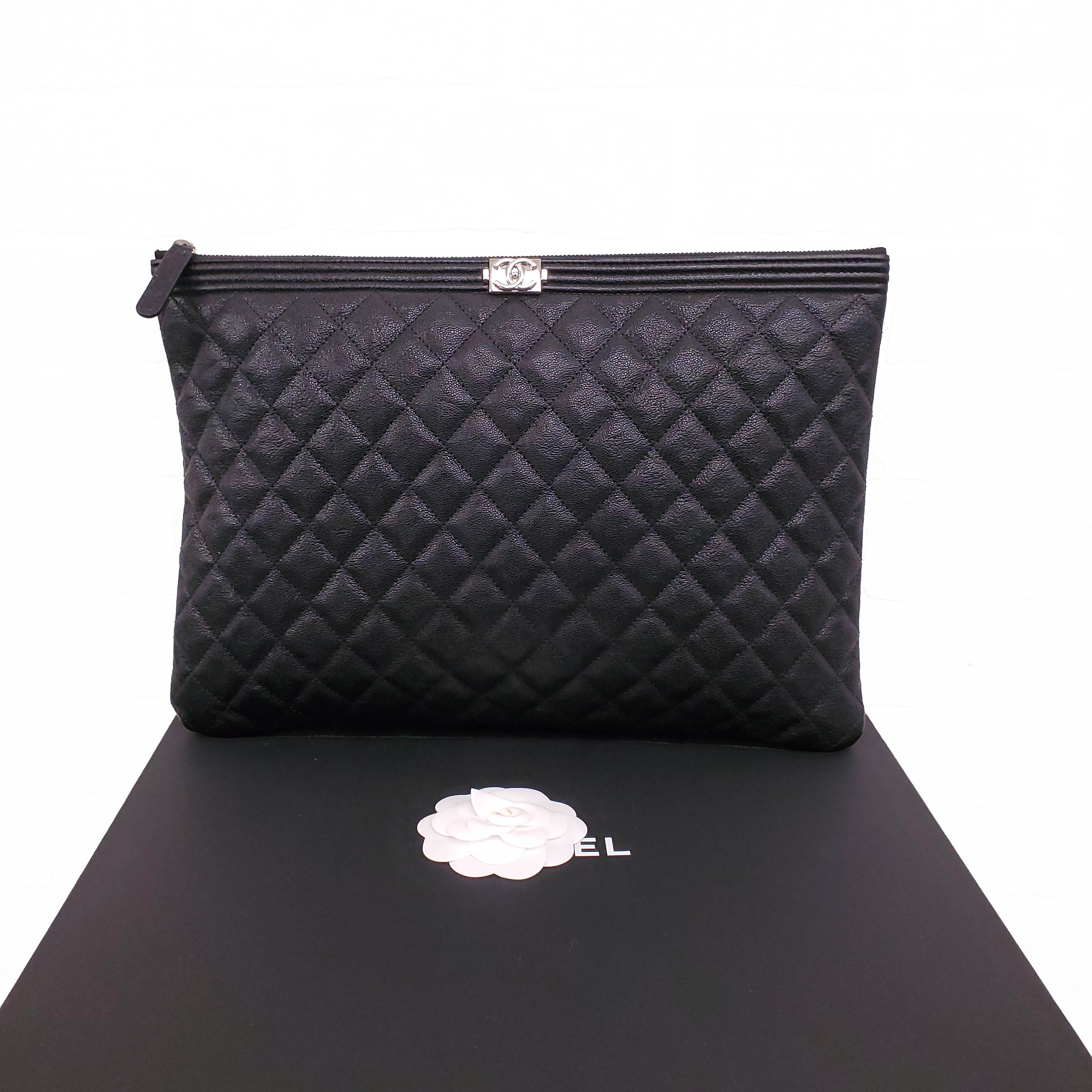 CHANEL BLACK LARGE QUILTED CAVIAR BOY CASE CLUTCH