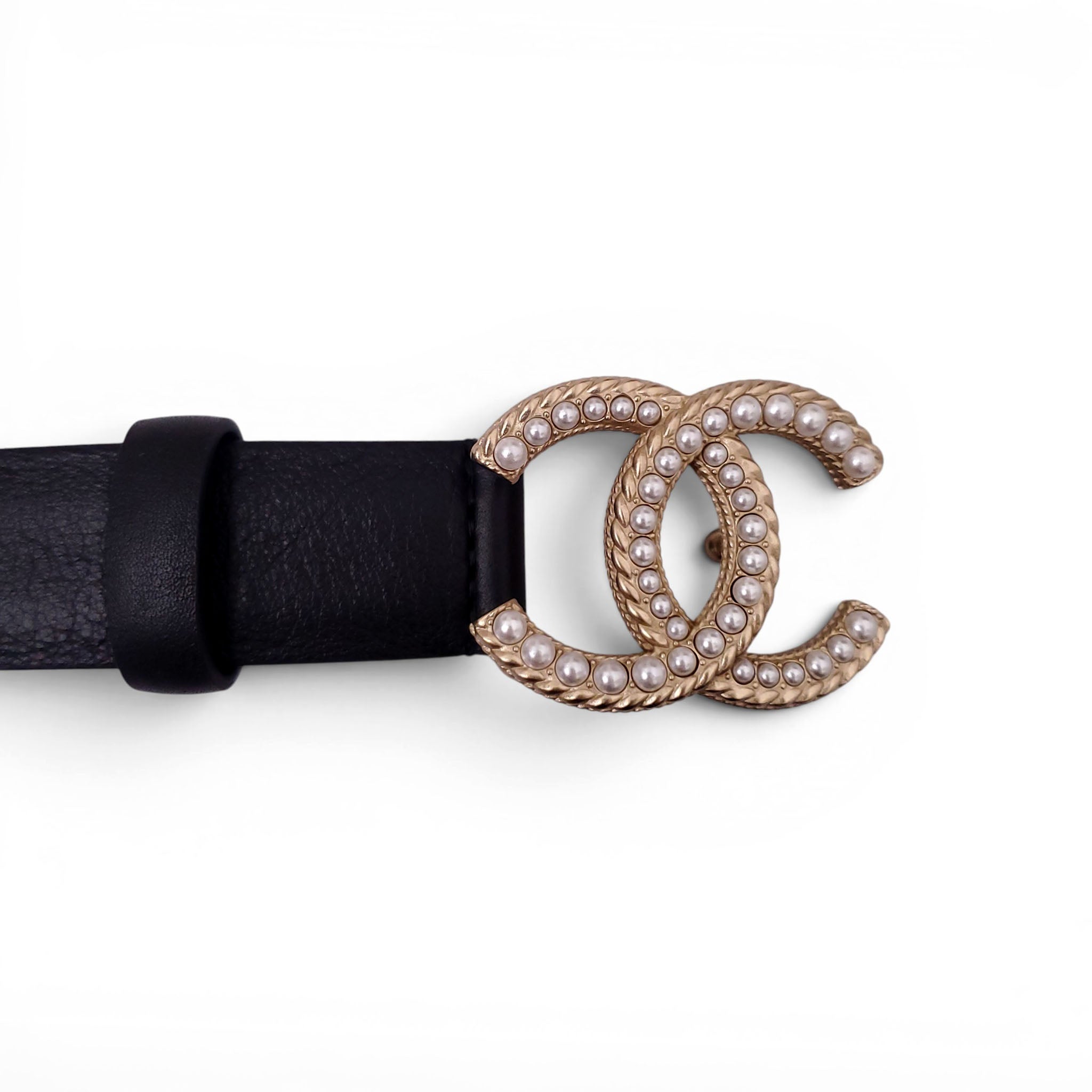 CHANEL BLACK LEATHER BELT WITH PEARL CC LOGO BUCKLE - SIZE 80