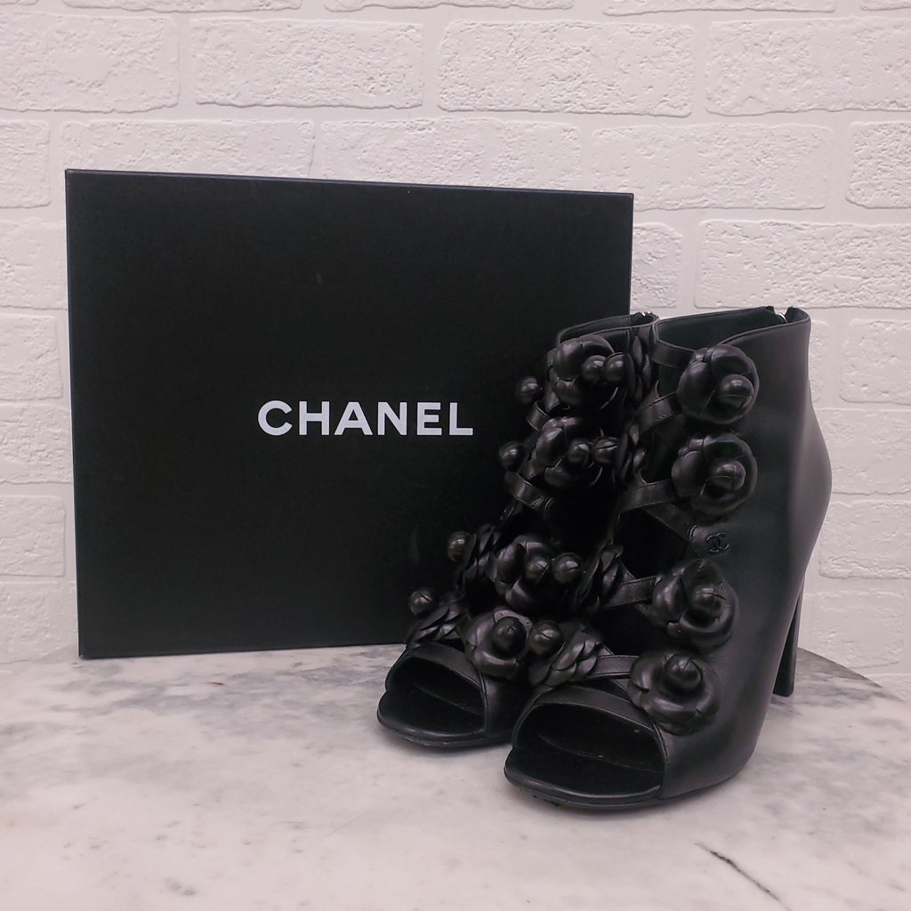 CHANEL BLACK LEATHER CAMELIA BOOTIES - SIZE 39
