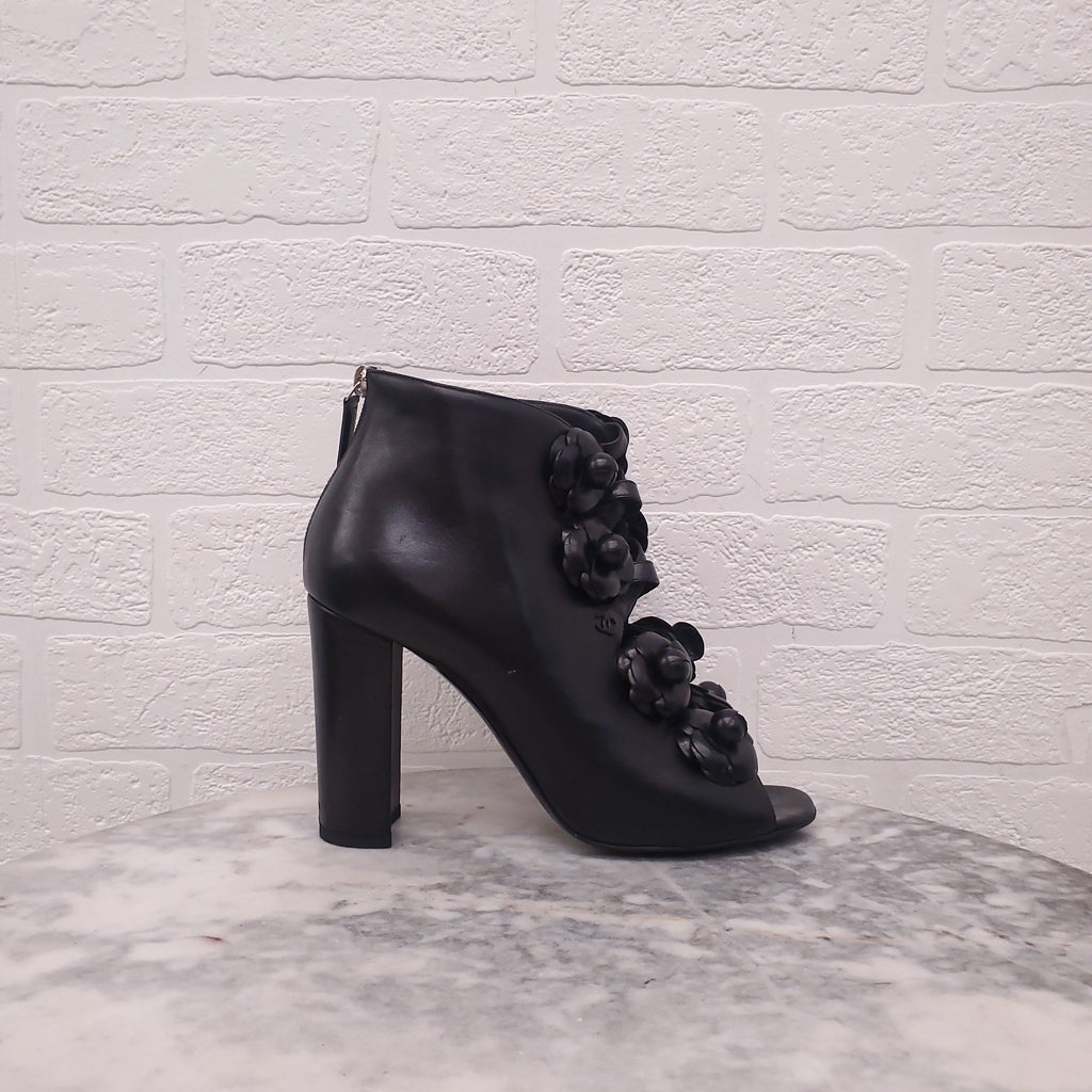 CHANEL BLACK LEATHER CAMELIA BOOTIES - SIZE 39