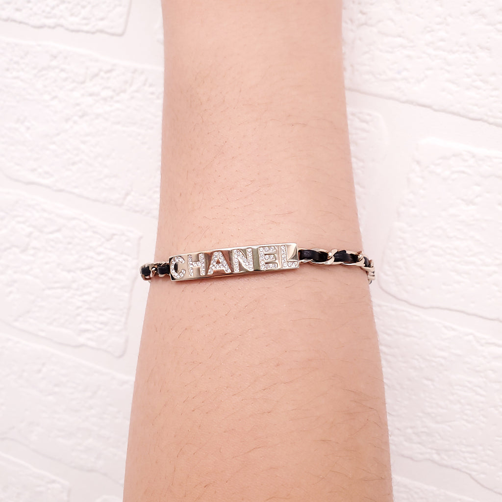 CHANEL BLACK LEATHER CHAIN LOGO ID BRACELET WITH CRYSTALS