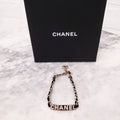 CHANEL BLACK LEATHER CHAIN LOGO ID BRACELET WITH CRYSTALS