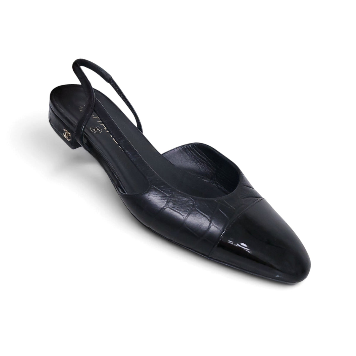 CHANEL BLACK LOGO SLINGBACK FLATS - SIZE 38.5