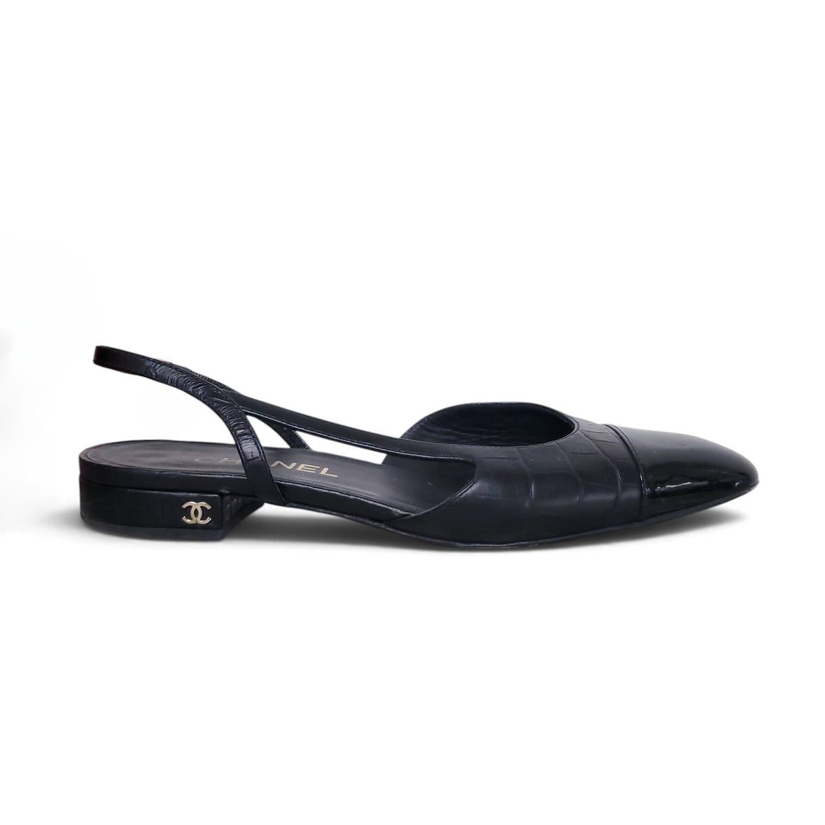 CHANEL BLACK LOGO SLINGBACK FLATS - SIZE 38.5