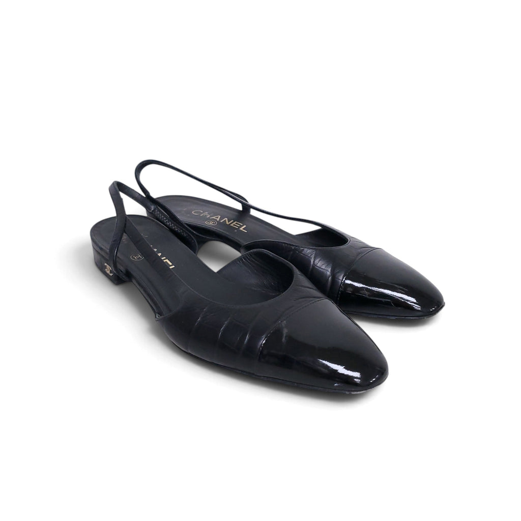 CHANEL BLACK LOGO SLINGBACK FLATS - SIZE 38.5