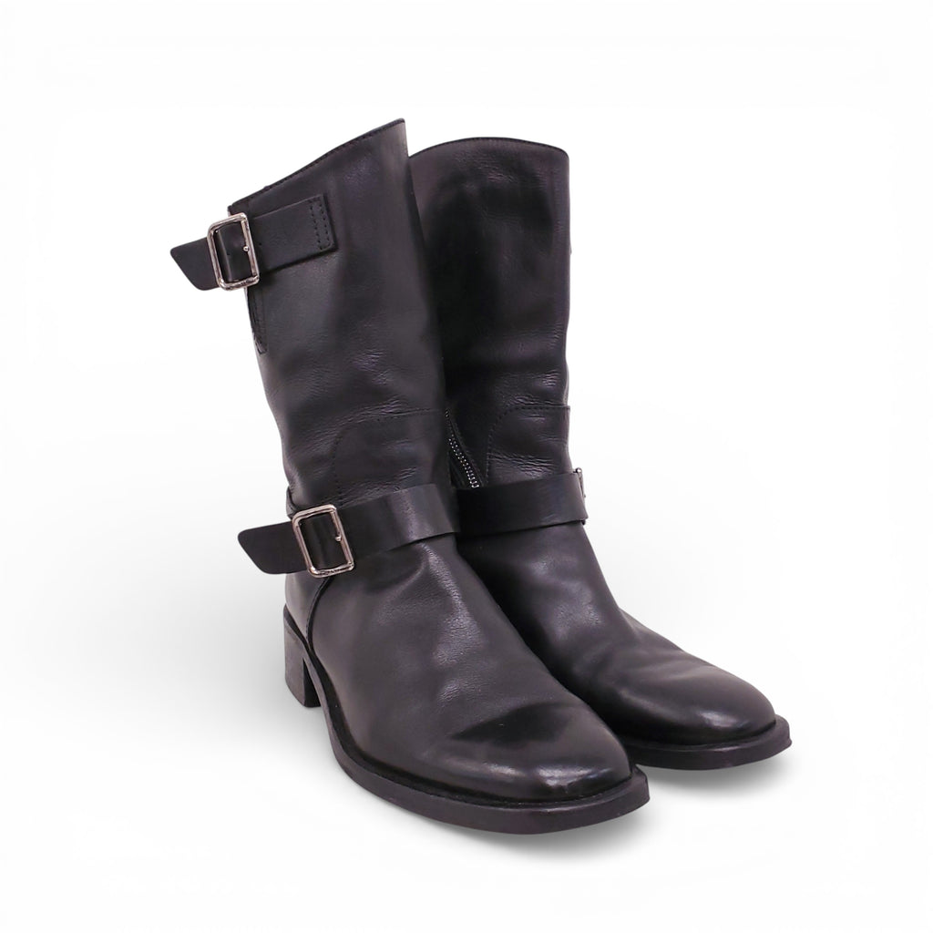 CHANEL BLACK MOTO BOOTS WITH SIDE ZIPPER AND LOGO - SIZE 38