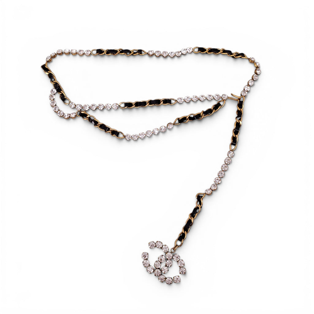 CHANEL BLACK PATENT LEATHER CHAIN BELT WITH CRYSTAL LOGO