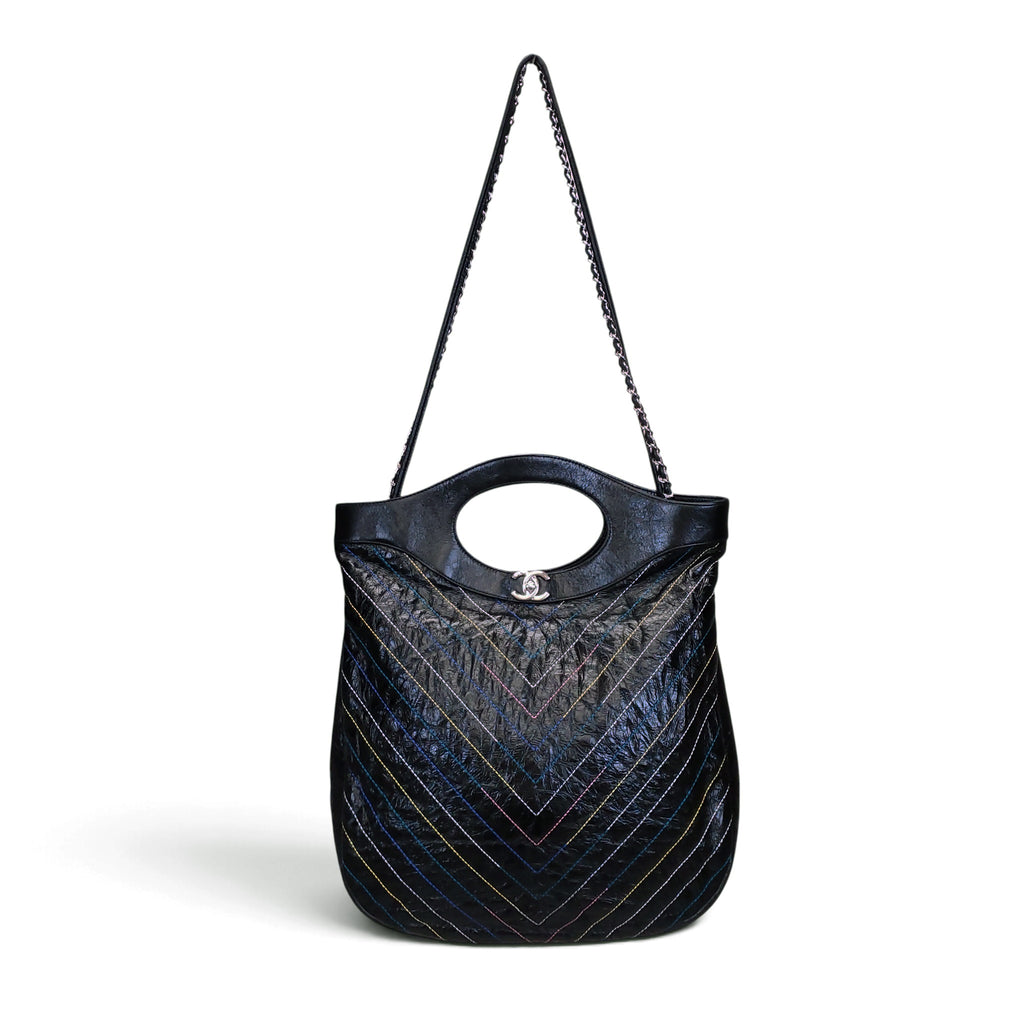 CHANEL BLACK PATENT MULTI-COLOUR CHEVRON 31 SHOPPING BAG