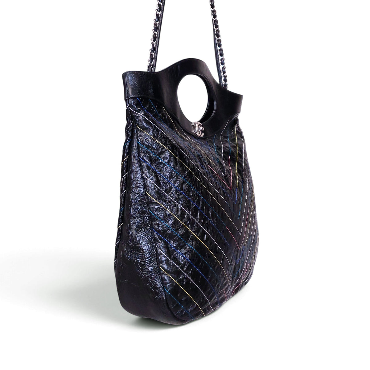 CHANEL BLACK PATENT MULTI-COLOUR CHEVRON 31 SHOPPING BAG