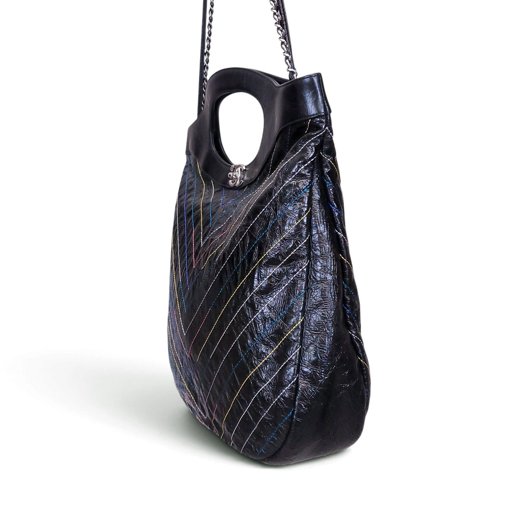 CHANEL BLACK PATENT MULTI-COLOUR CHEVRON 31 SHOPPING BAG