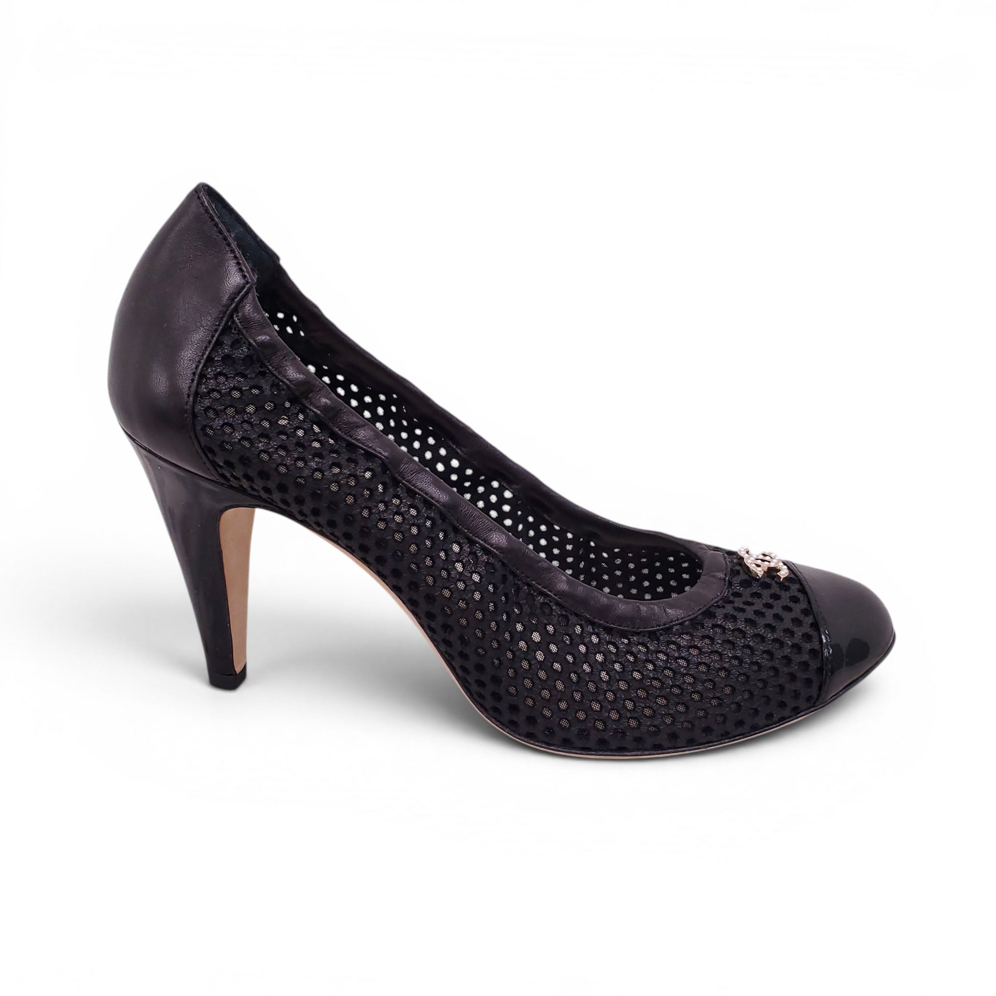 CHANEL BLACK PERFORATED HEELS WITH CRYSTAL LOGO DETAIL - SIZE 38