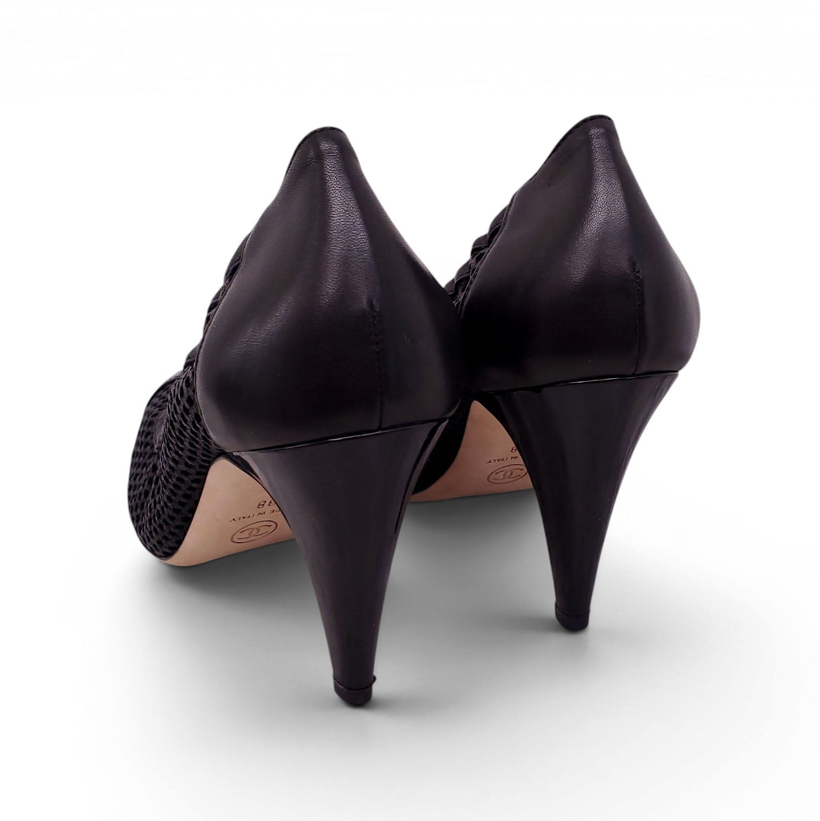 CHANEL BLACK PERFORATED HEELS WITH CRYSTAL LOGO DETAIL - SIZE 38