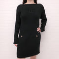 CHANEL BLACK RIBBED LONG SLEEVE LOGO DRESS WITH GOLD LOGO BUTTONS - SIZE 40