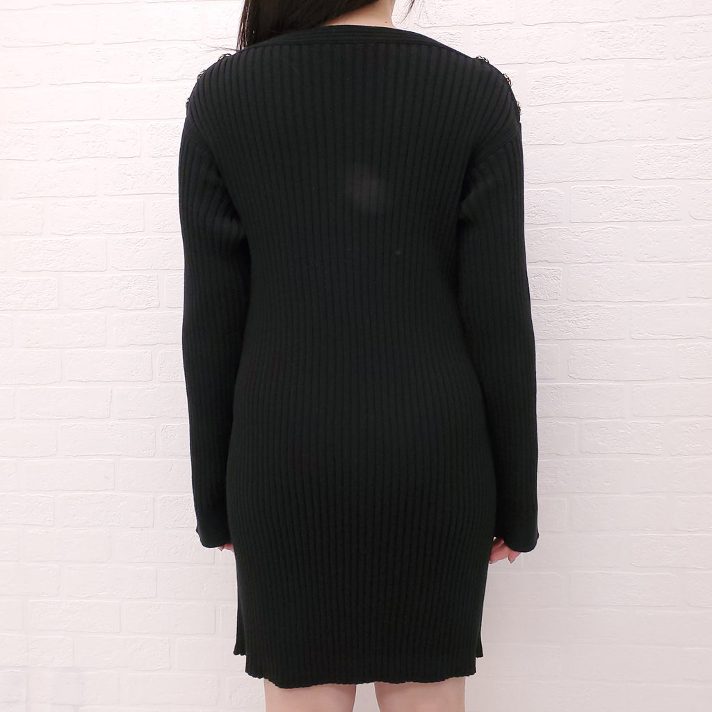 CHANEL BLACK RIBBED LONG SLEEVE LOGO DRESS WITH GOLD LOGO BUTTONS - SIZE 40