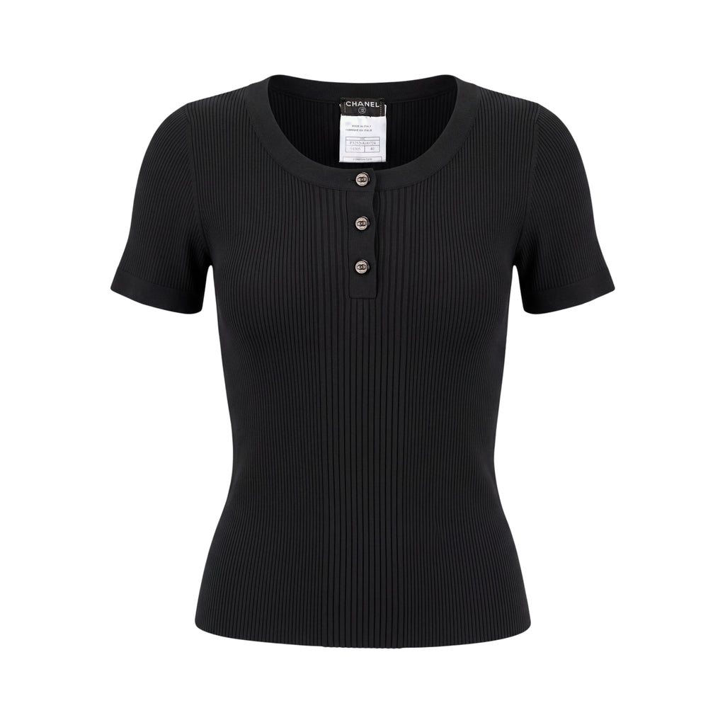 CHANEL BLACK RIBBED T-SHIRT WITH LOGO BUTTONS - SIZE 40