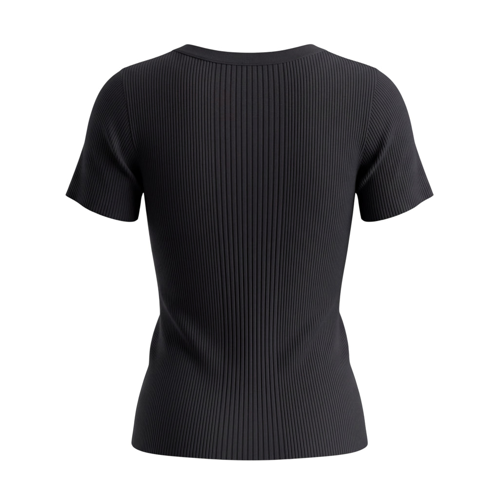 CHANEL BLACK RIBBED T-SHIRT WITH LOGO BUTTONS - SIZE 40
