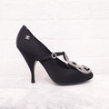CHANEL BLACK SATIN HEELS WITH SILVER SEQUIN DETAIL - SIZE 40