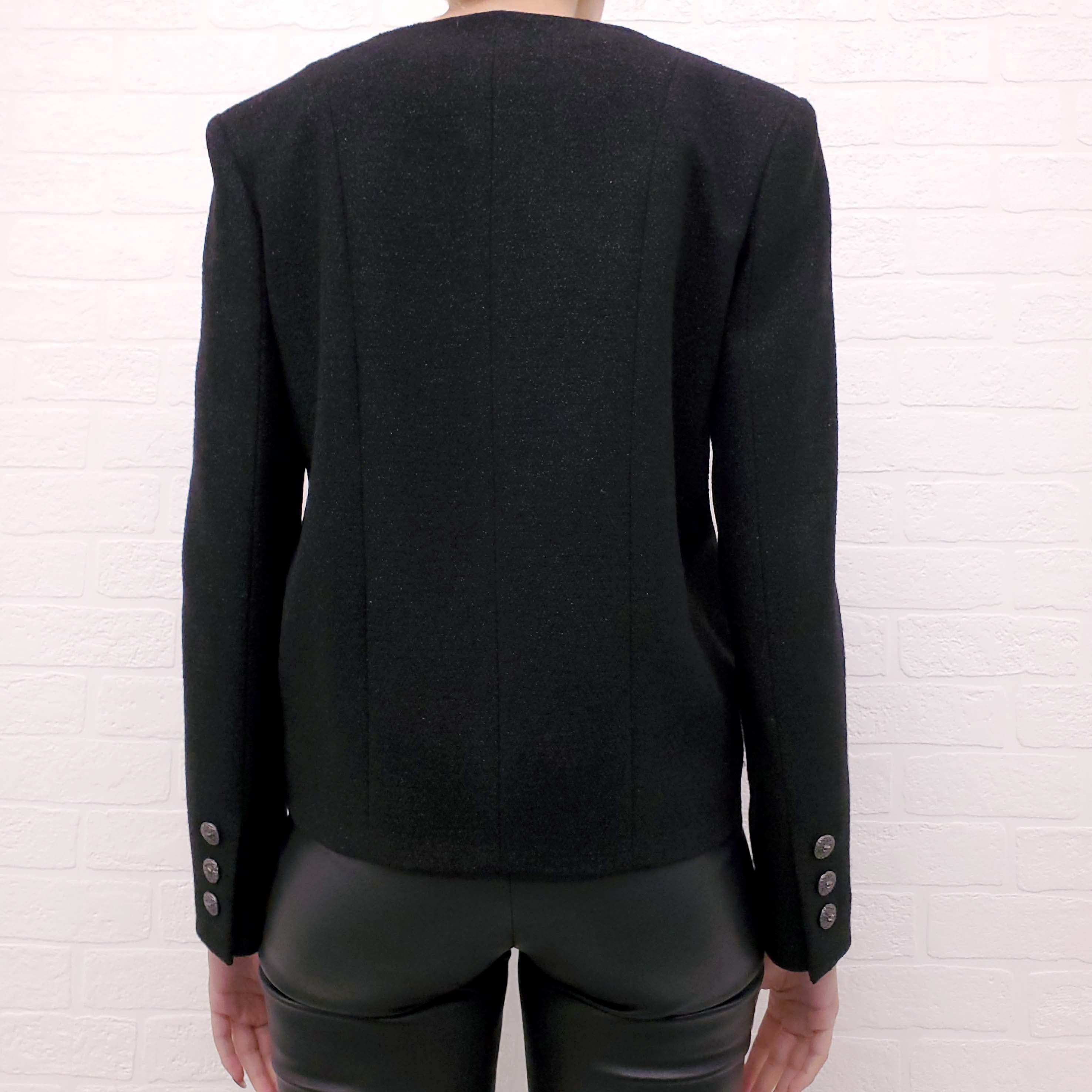 CHANEL BLACK SHIMMER HIGH-LOW JACKET WITH TWEED EFFECT LOGO BUTTONS - SIZE 38