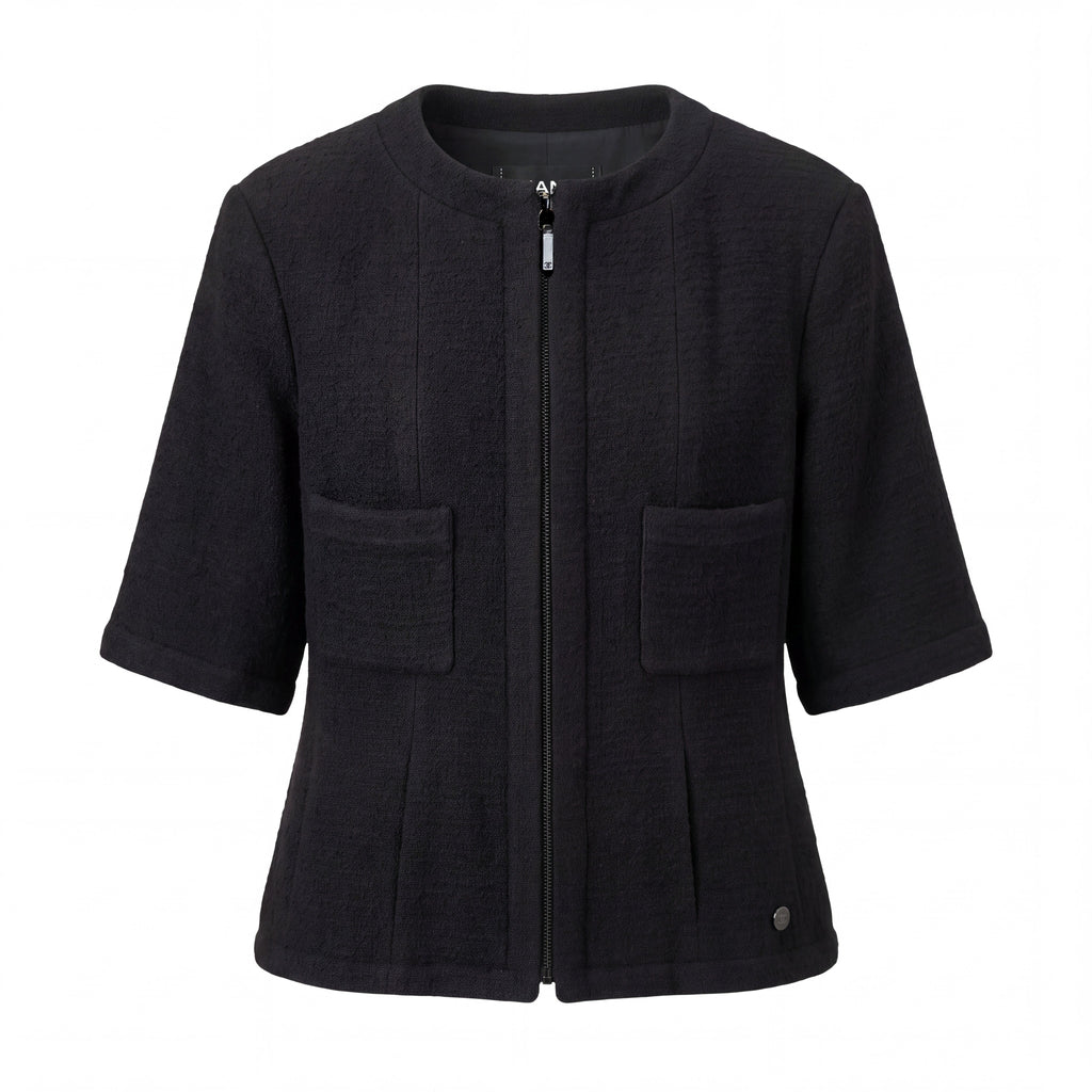 CHANEL BLACK SHORT SLEEVE TWEED JACKET WITH LOGO - SIZE 44