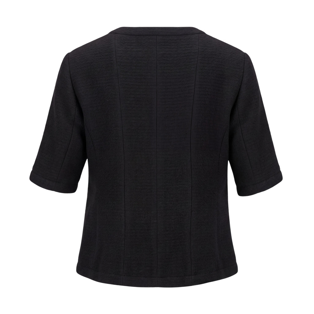 CHANEL BLACK SHORT SLEEVE TWEED JACKET WITH LOGO - SIZE 44