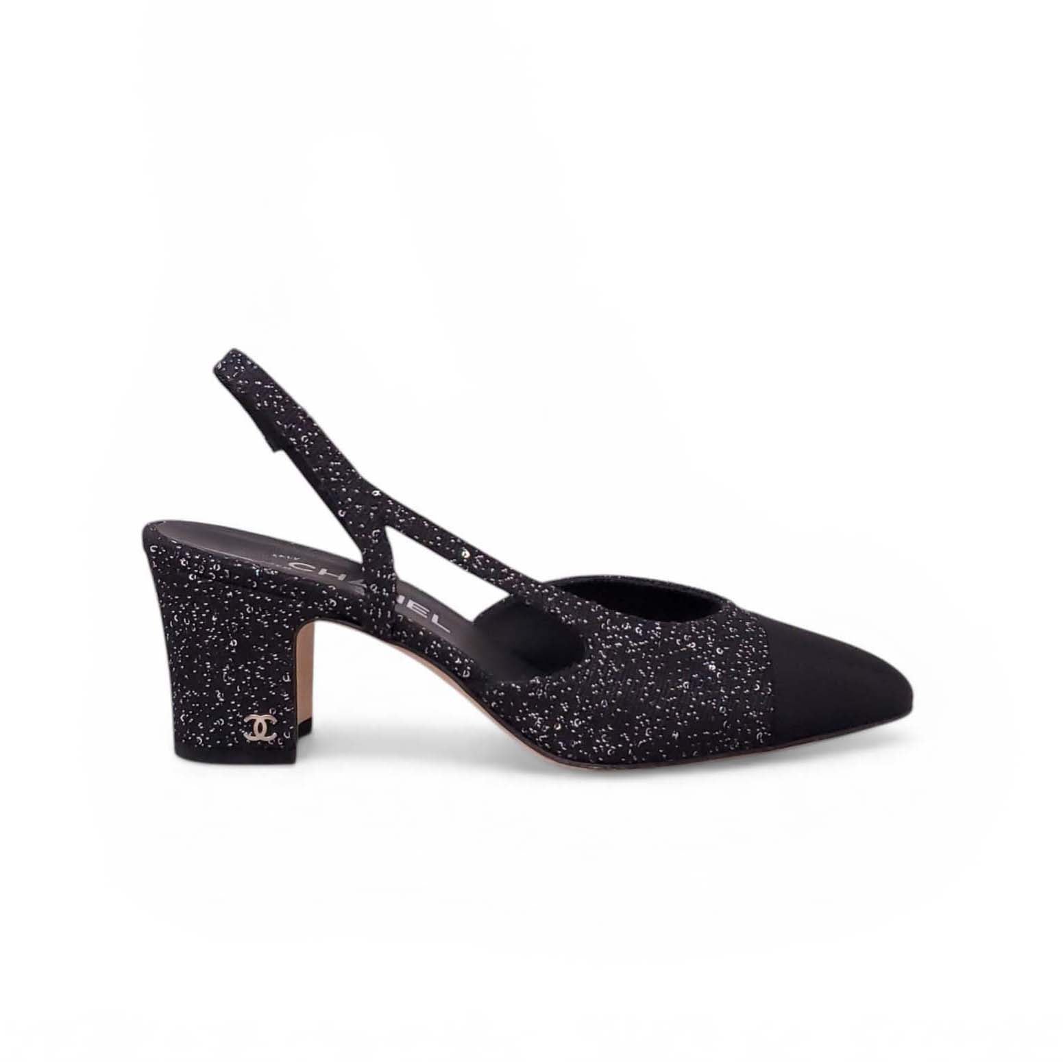 CHANEL BLACK SPARKLE SLINGBACK BLOCK HEELS - SIZE 38.5