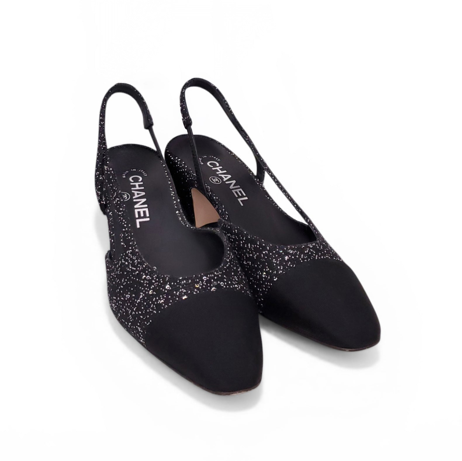 CHANEL BLACK SPARKLE SLINGBACK BLOCK HEELS - SIZE 38.5