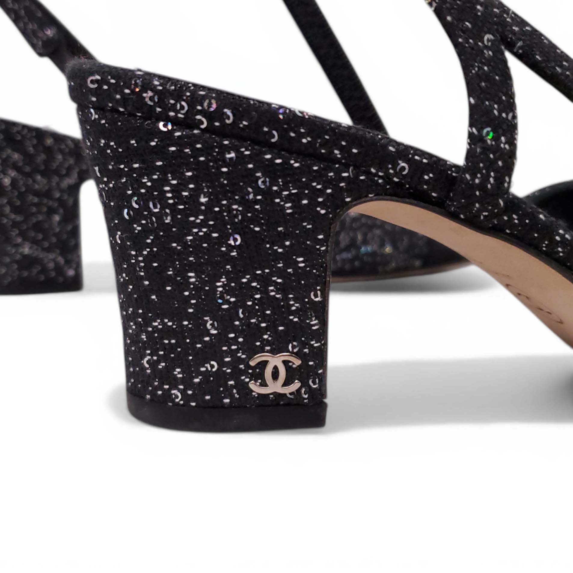 CHANEL BLACK SPARKLE SLINGBACK BLOCK HEELS - SIZE 38.5