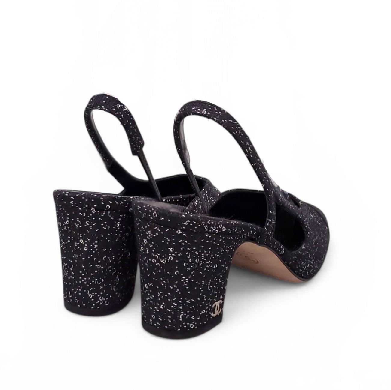 CHANEL BLACK SPARKLE SLINGBACK BLOCK HEELS - SIZE 38.5
