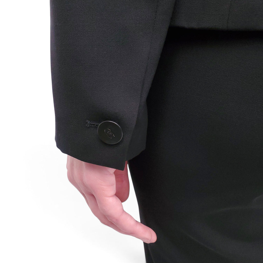 CHANEL BLACK SUIT WITH CC LOGO BUTTONS - SIZE 38